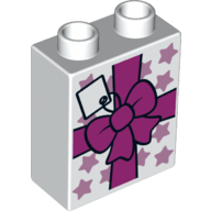 Duplo Brick 1 x 2 x 2 with Bow and Gift Tag Print (White)