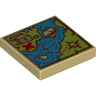 Tile 2 x 2 with Map Blue and Green with Sailing Ship, Treasure Chest and Red 'X' Print (Tan)
