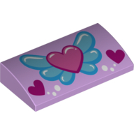 Brick Curved 2 x 4 x 2/3 No Studs with Pink Heart on Blue Wings, White Circles and 2 Magenta Hearts Print (Lavender)