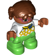 Duplo Figure Child with Pigtails Reddish Brown, with Yellow Halter Top with White Dots and Blue Bow over White Long Sleeve Top - Medium Nougat Face with Magenta Glasses - Green Legs (White)