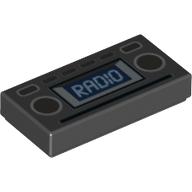 Tile 1 x 2 with Light Blue 'RADIO' and Silver Buttons Print (Black)