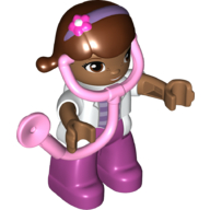 Duplo Figure with Reddish Brown Hair with Purple Headband with Flower, and Medium Nougat Face and Hands, and Magenta Legs, with Stethoscope (Doc McStuffins) (White)