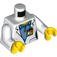 Torso, Lab Coat over Medium Blue Shirt, ID Badge / Space Shuttle Logo on Back Print, White Arms, Yellow Hands (White)