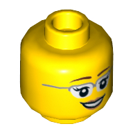 Minifig Head, Glasses with Silver Frames, Brown Eyebrows, Eyelashes, Pink Lips, Open Mouth Smile Print (Yellow)