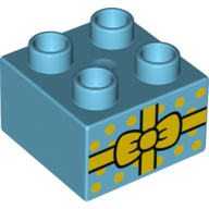 Duplo Brick 2 x 2 with Present with Yellow Ribbon and Bow over Polka Dot Gift Paper Print (Medium Azure)