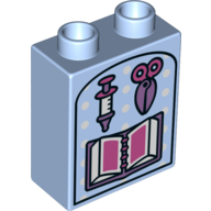 Duplo Brick 1 x 2 x 2 with Bottom Tube and Scissors, Syringe and Book Print (Bright Light Blue)