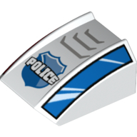Brick Curved 2 x 2 with Lip, No Studs with 'POLICE', Badge, Grille and Red and Blue Sides Pattern (White)