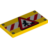 Tile 2 x 4 with Construction Worker Road Sign on Red and White Stripes Print (Yellow)