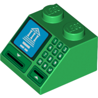 Brick Sloped 45° 2 x 2 with Building on Blue Screen, Card Slot and Keypad Print (Green)