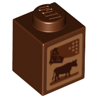 Brick 1 x 1 with Cow and Chocolate Bar (Chocolate Milk Carton) Print (Reddish Brown)