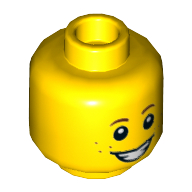 Minifig Head, Brown Eyebrows, Freckles, Smile Open Mouth / Scared Crooked Mouth (Yellow)