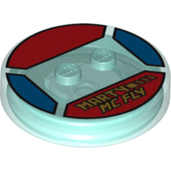 Function Brick Round 4 x 4 x 2/3 with 2 Studs and Yellow 'MARTY MC FLY' Print (Trans-Light Blue)