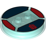 Function Brick Round 4 x 4 x 2/3 with 2 Studs and Dark Red 'DW' Print (Trans-Light Blue)