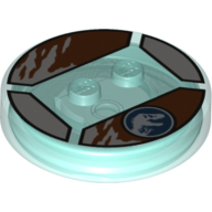 Function Brick Round 4 x 4 x 2/3 with 2 Studs and Jurassic World Symbol and Brown Ragged Edges Print (Trans-Light Blue)