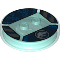Function Brick Round 4 x 4 x 2/3 with 2 Studs and Jurassic World Symbol and Blue Hexagons Print (Trans-Light Blue)