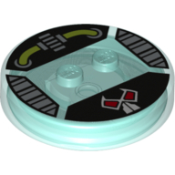 Function Brick Round 4 x 4 x 2/3 with 2 Studs and Bane Mask with Wires, and Gears Print (Trans-Light Blue)