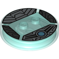 Function Brick Round 4 x 4 x 2/3 with 2 Studs and Silver Armor with Scales and Blue Circle Print (Trans-Light Blue)