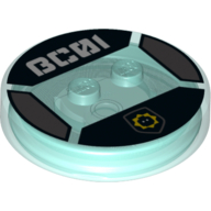 Function Brick Round 4 x 4 x 2/3 with 2 Studs and Bad Cop Symbol and White 'BC01' Print (Trans-Light Blue)