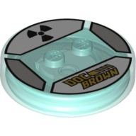 Function Brick Round 4 x 4 x 2/3 with 2 Studs and Gold 'DOC BROWN' and Black Radioactive Symbol Print (Trans-Light Blue)