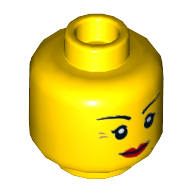 Minifig Head, Red Lips, Crow's Feet and Beauty Mark, Smile / Annoyed with Short Frown Lines Print (Yellow)