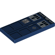 Tile 2 x 4 with White 'POLICE BOX', Black Squares, White Windows, Notice and Door Handle Print (TARDIS) (Dark Blue)