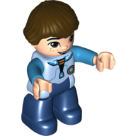 Duplo Figure with 'Bowl Cut' Brown Hair, Light Bluish Gray Spacesuit with Badge and Medium Azure Sleeves, Light Nougat Hands and Face with Freckles, Dark Blue Legs (Miles) (Bright Light Blue)