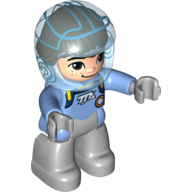 Duplo Figure with Helmet (Space), Light Bluish Gray Legs and Hands, Medium Blue Spacesuit with Badge, Light Nougat Face with Freckles (Medium Blue)
