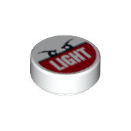 Tile Round 1 x 1 with Two Eyes and 'LIGHT' on Red Print (White)