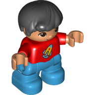 Duplo Figure Child, Hair Combed Forward with Curl Black, Red Top with Rocket Ship Print - Nougat Face and Hands - Dark Azure Legs (Red)
