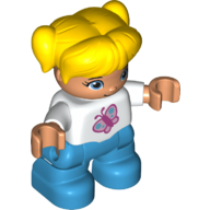 Duplo Figure Child with Ponytails and Bangs Yellow, Dark Azure Legs, Pink Butterfly Print (White)