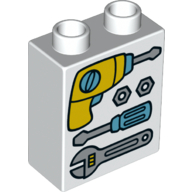 Duplo Brick 1 x 2 x 2 with Drill, Screwdriver, and Wrench Print (White)
