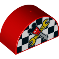 Duplo Brick 2 x 4 x 2 Curved Top with Checkered Flag and Crossed Tools with Mouse Ears Print (Red)