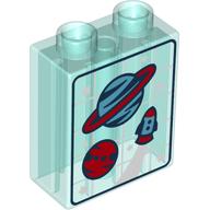 Duplo Brick 1 x 2 x 2 with Planets, Stars & Spaceship on White Grid Print (Trans-Light Blue)