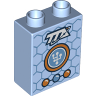 Duplo Brick 1 x 2 x 2 with Blue Interlocking Hexagonal Background (Honeycomb) with TTA Letters and Badge - 2 Orange and 1 Blue connected Circles / Buttons Print (Bright Light Blue)