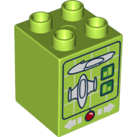 Duplo Brick 2 x 2 x 2 with Computer Screen with Spaceship and White Arrows and Red Button Print (Lime)