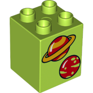 Duplo Brick 2 x 2 x 2 with 2 Planets Print (Lime)