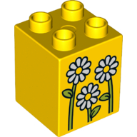 Duplo Brick 2 x 2 x 2 with 3 White Flowers Print (Yellow)