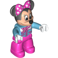 Duplo Figure Minnie Mouse with Medium Azure Aviator Jacket and Polka Dot Scarf, with Dark Pink Legs (Medium Azure)