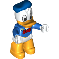 Duplo Figure with Blue Hat and Top with Red Bow Tie - White Hips with Bright Light Orange Legs (Donald Duck) (Blue)