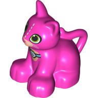 Duplo Animal Cat / Kitten Sitting, Lime Eyes, White Stitch Lines and Whiskers, Collar with Paw Print Tag Print (Dark Pink)