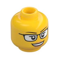 Minifig Head, Eyebrows, Glasses with Thick Edge, Peach Lips Print (Yellow)