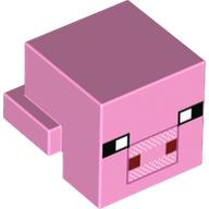 Minifig Head Special, Cube with Rear Ledge, Pixelated Black, White and Dark Red Face, White Spots on Snout Print (Pig) (Bright Pink)