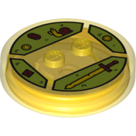 Function Brick Round 4 x 4 x 2/3 with 2 Studs and Snail, Sword, Coins and Gems Print (Trans-Yellow)