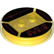Function Brick Round 4 x 4 x 2/3 with 2 Studs and Red Lines and 'M:I' on Black Background Print (Trans-Yellow)