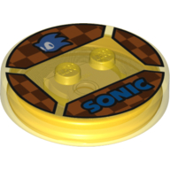 Function Brick Round 4 x 4 x 2/3 with 2 Studs and Blue Sonic Head and 'SONIC' on Checkerboard Background Print (Trans-Yellow)