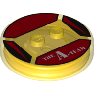 Function Brick Round 4 x 4 x 2/3 with 2 Studs and Red Triangles and 'THE A-TEAM' Print (Trans-Yellow)