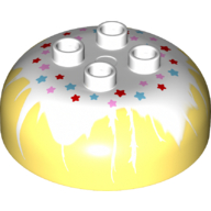 Duplo Brick Round 4 x 4 Dome Top with 2 x 2 Studs - Marbled White 'Frosting' with Red, Medium Azure, and Pink Stars Print (Bright Light Yellow)
