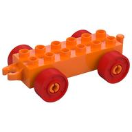 Duplo Car Base 2 x 6 with Fake Bolts, Open Hitch End and Red Wheels (Orange)