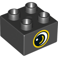 Duplo Brick 2 x 2 with Eye with Gold Outline, White Spot and Curve Print on Two Sides (Black)
