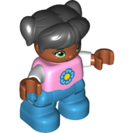 Duplo Figure Child with Ponytails and Bangs Black, with Top with White Sleeves and Yellow and Dark Azure Flower Print - Medium Nougat Face and Arms - Dark Azure Legs (Bright Pink)